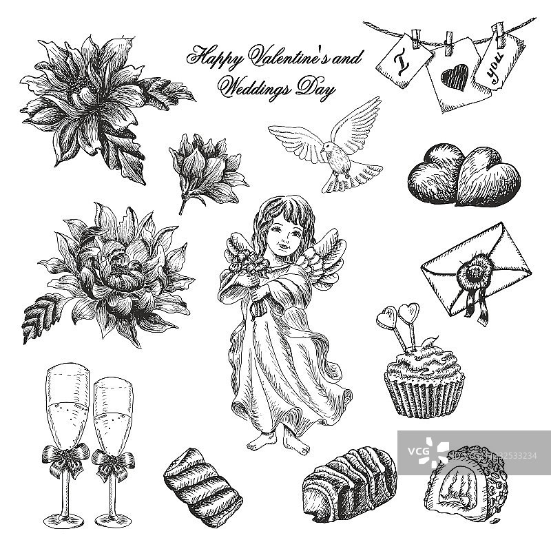 手绘复古情人节元素集合图片素材