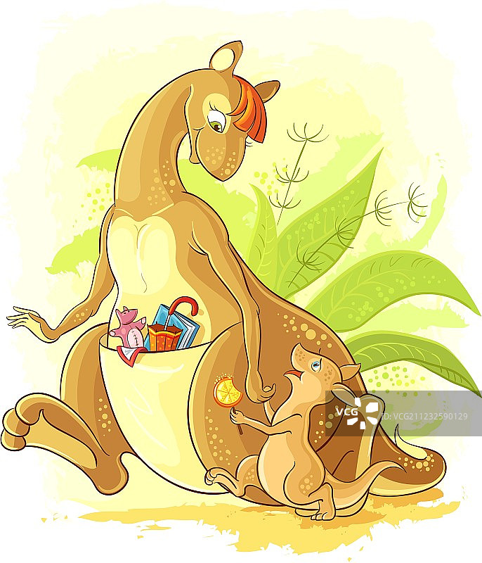 趣味卡通袋鼠妈妈和小袋鼠走路图片素材