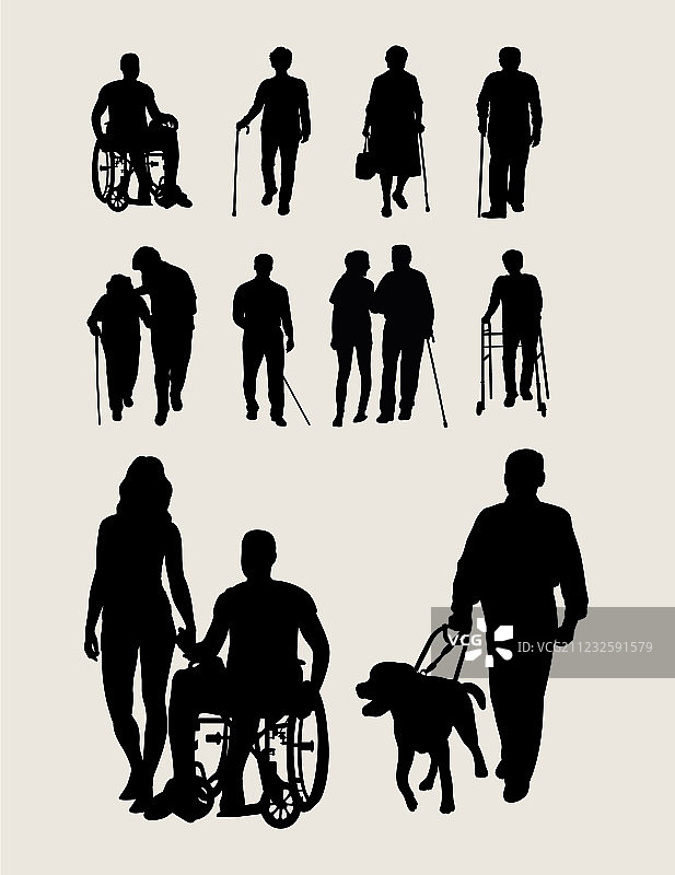 残疾人和老年人剪影图片素材