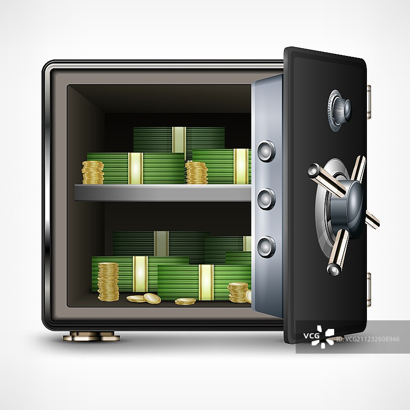 银行开启的保险箱，内有现金图片素材