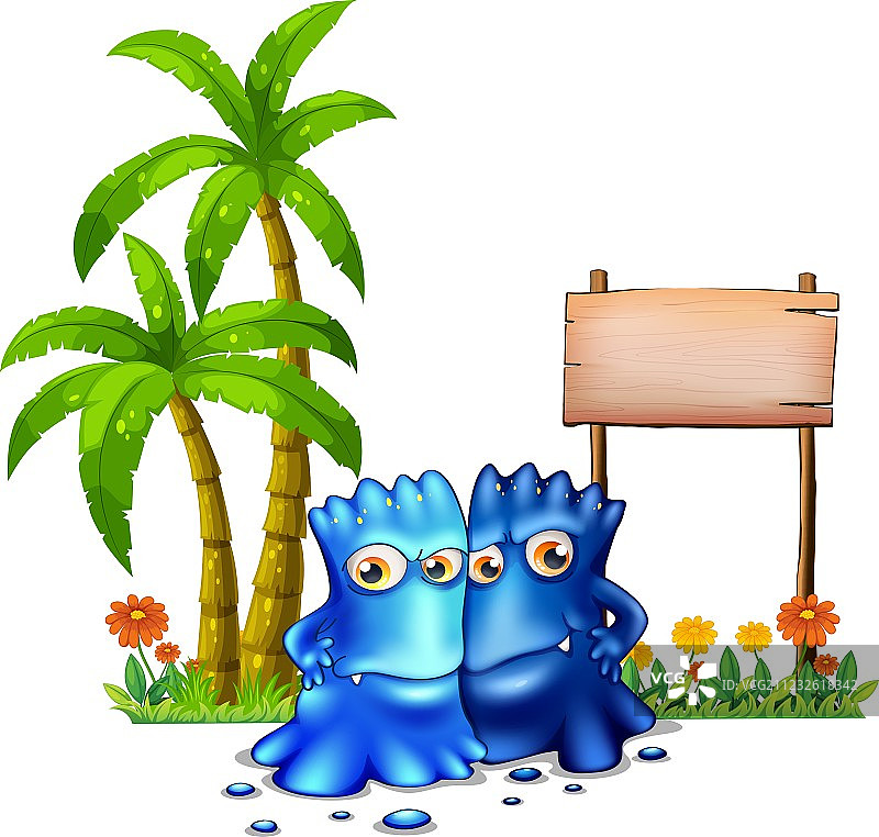 两个蓝色怪物站在空地前图片素材