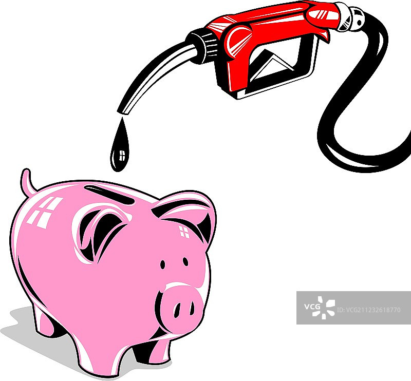 燃油泵站喷嘴和小猪存钱罐复古风格图片素材