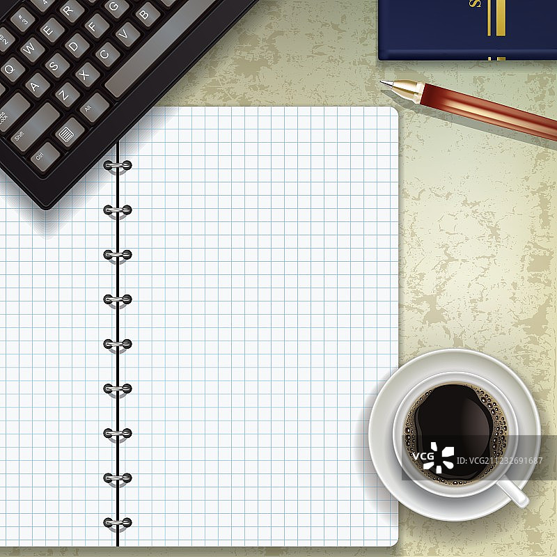 办公桌：键盘、咖啡和记事本图片素材