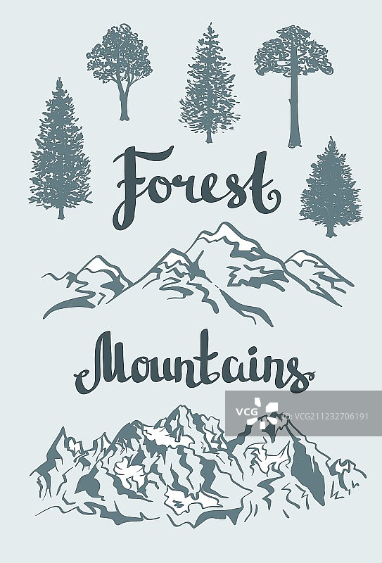 手绘山景和独立树木图片素材