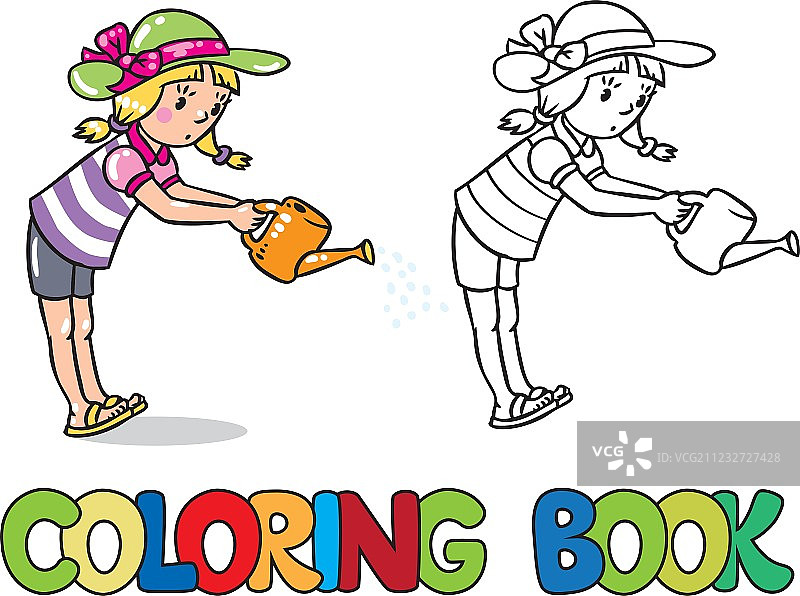 女孩给花浇水涂色书图片素材