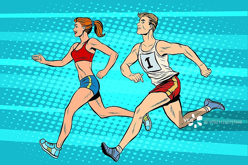 男女运动员在夏季田径赛道上跑步图片素材