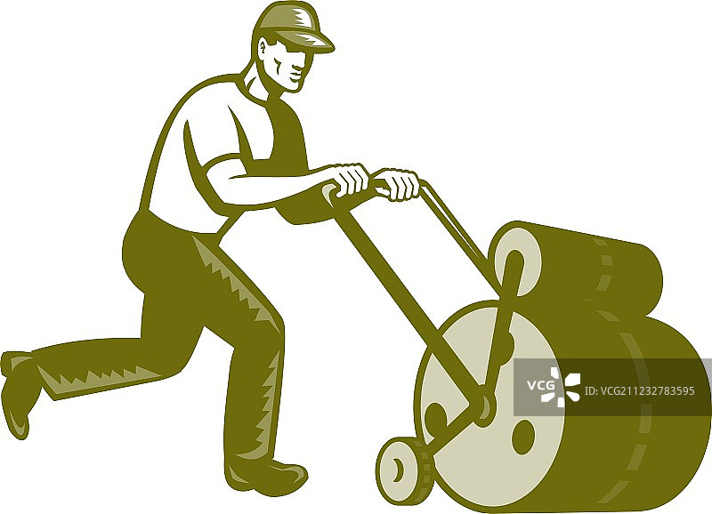 园丁用草坪滚筒复古风格插画图片素材