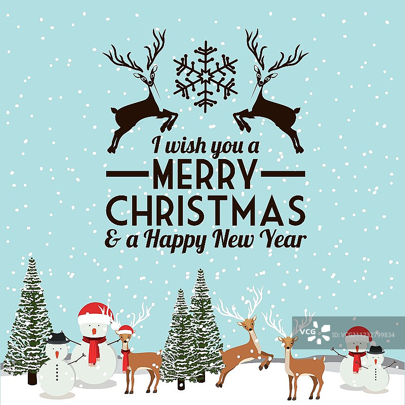快乐圣诞树与雪和驯鹿耳朵图片素材