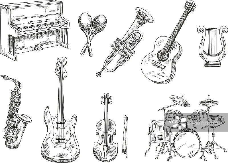 经典乐器素描合集图片素材