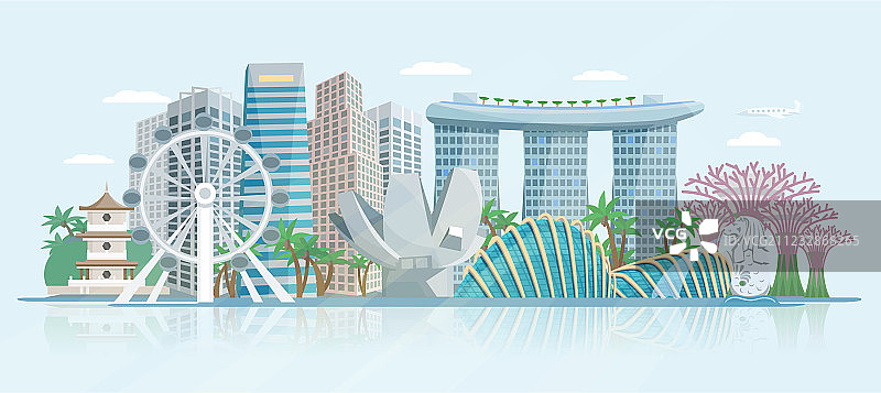 新加坡天际线扁平全景海报图片素材