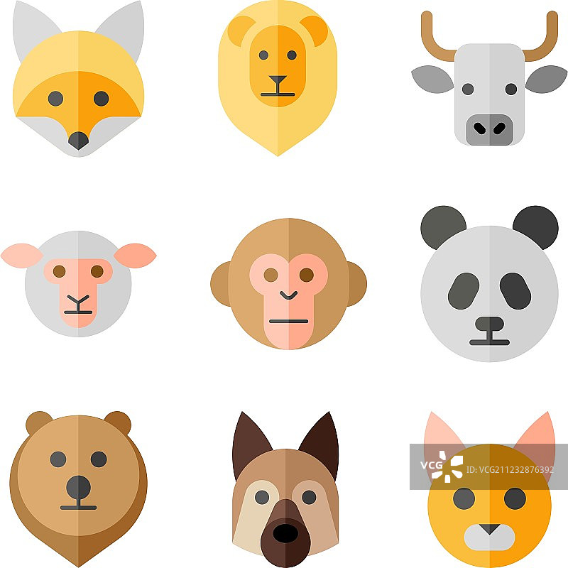 动物头部扁平图标设置图片素材