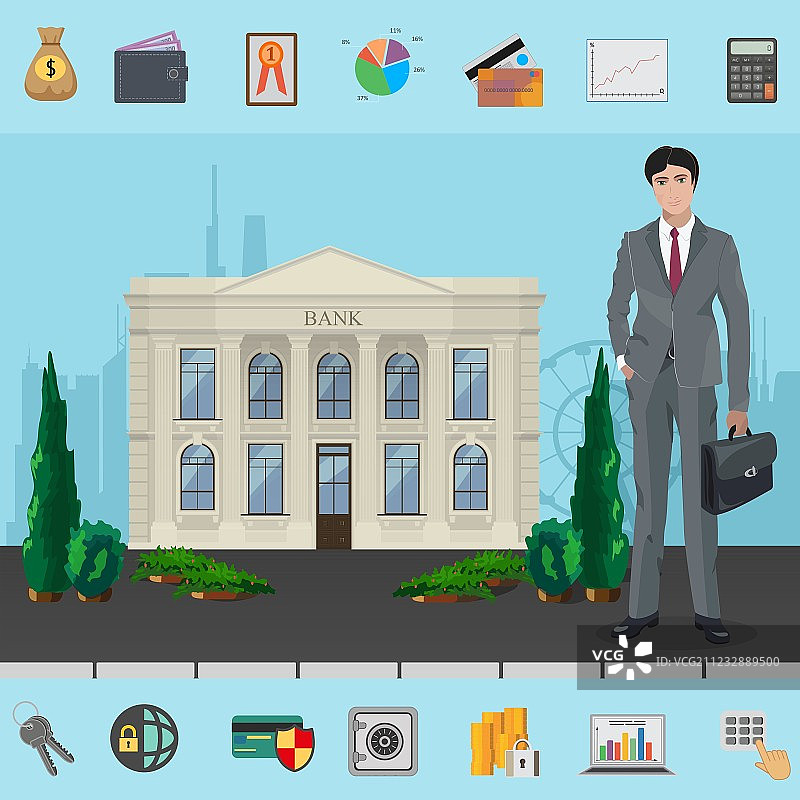 现代银行大楼旁的银行经理图片素材