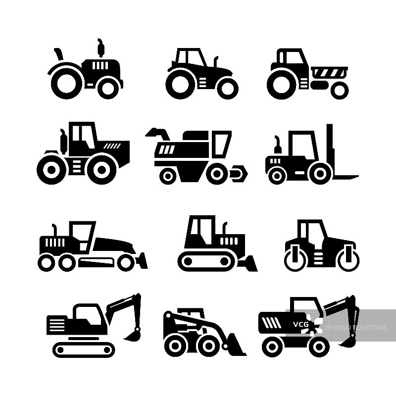 拖拉机农场和建筑机械图标合集图片素材