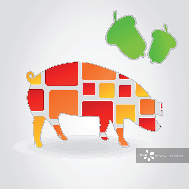 灰色背景和绿色橡子的矢量小猪图片素材