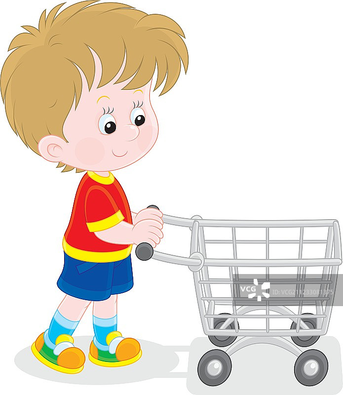 男孩和购物车图片素材