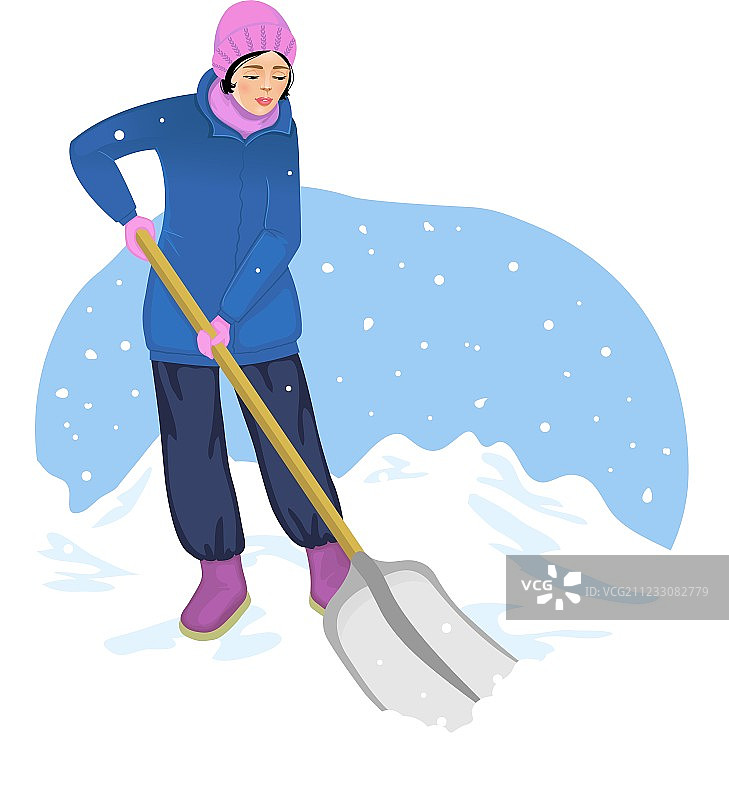 年轻女人清理道路上的积雪图片素材