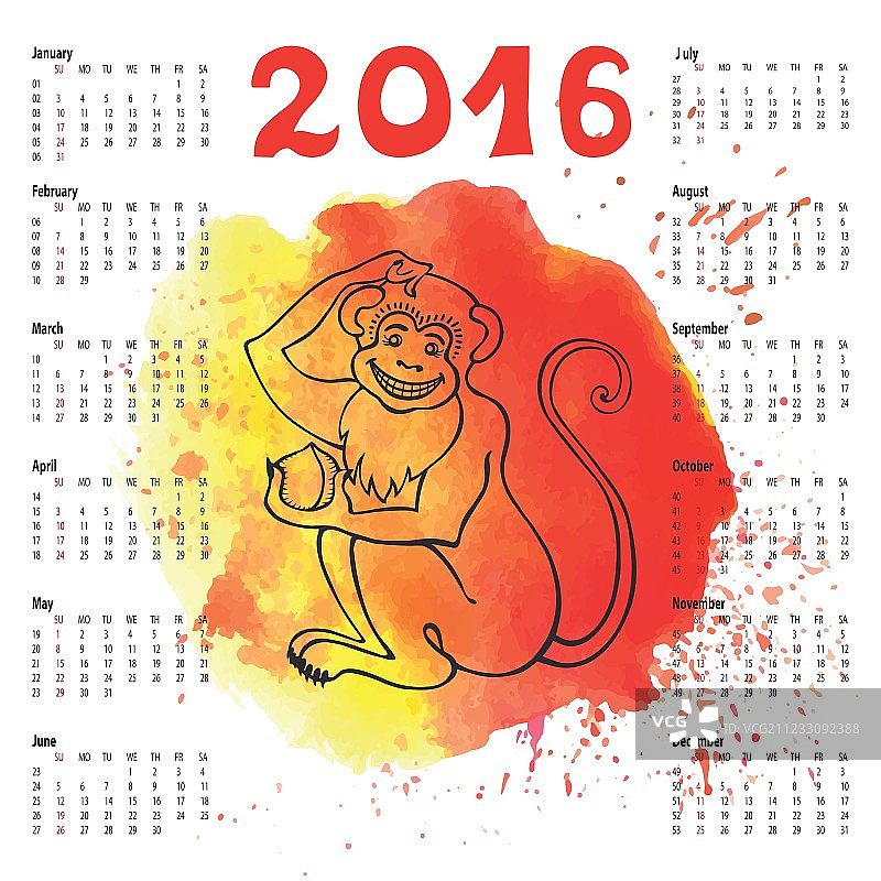 2016中国生肖猴年水彩日历图片素材