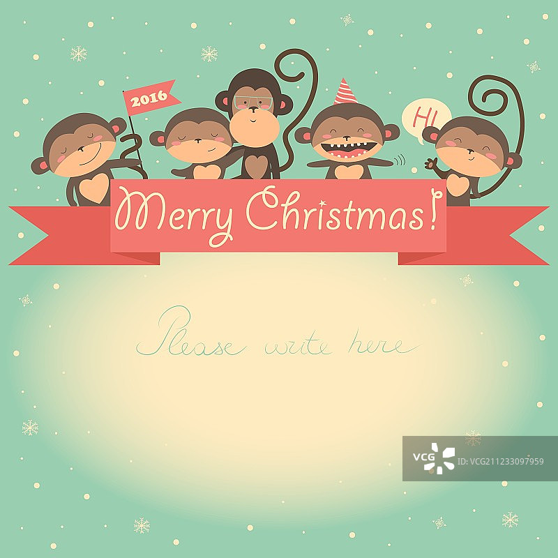 带猴子和丝带的新年趣味卡片图片素材