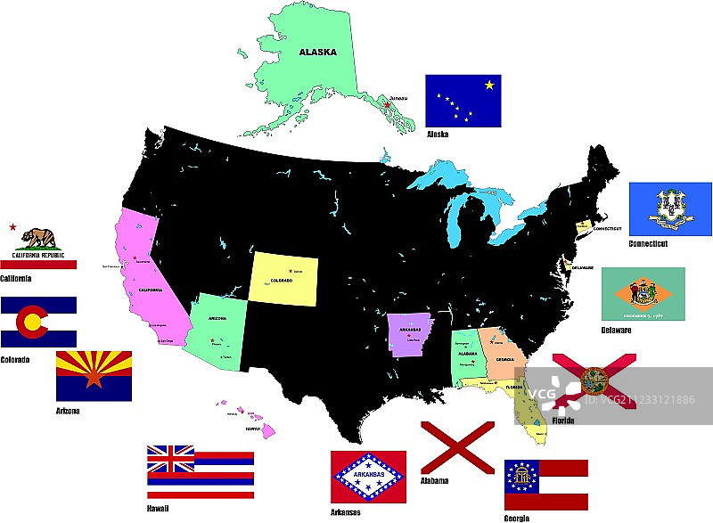 美国各州旗帜A-H，矢量插画图片素材