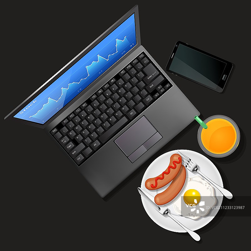笔记本电脑和手机与橙汁早餐图片素材