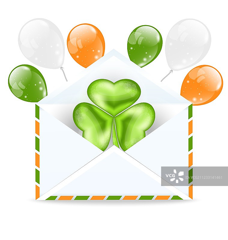带有三叶草和彩色气球的信封图片素材