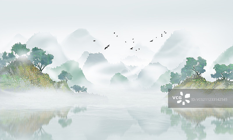 手绘中国风意境水墨山水风景画图片素材