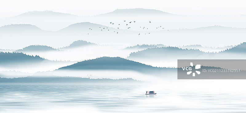 手绘中国风意境水墨山水风景画图片素材