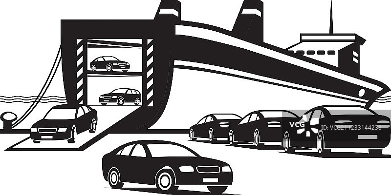 卸载新汽车的货船图片素材