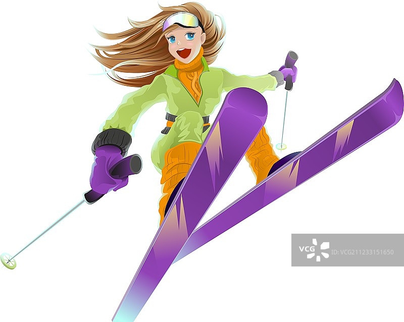 滑雪：快乐的年轻女孩在滑雪图片素材