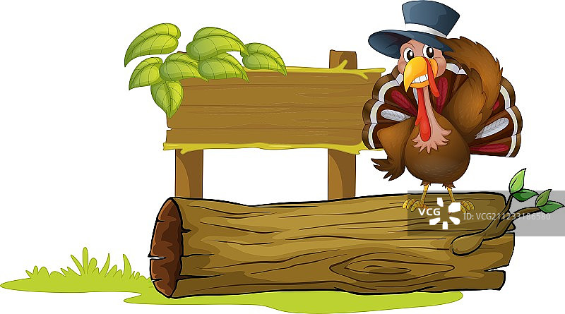 树干上方的火鸡，旁边是一个空的标牌图片素材