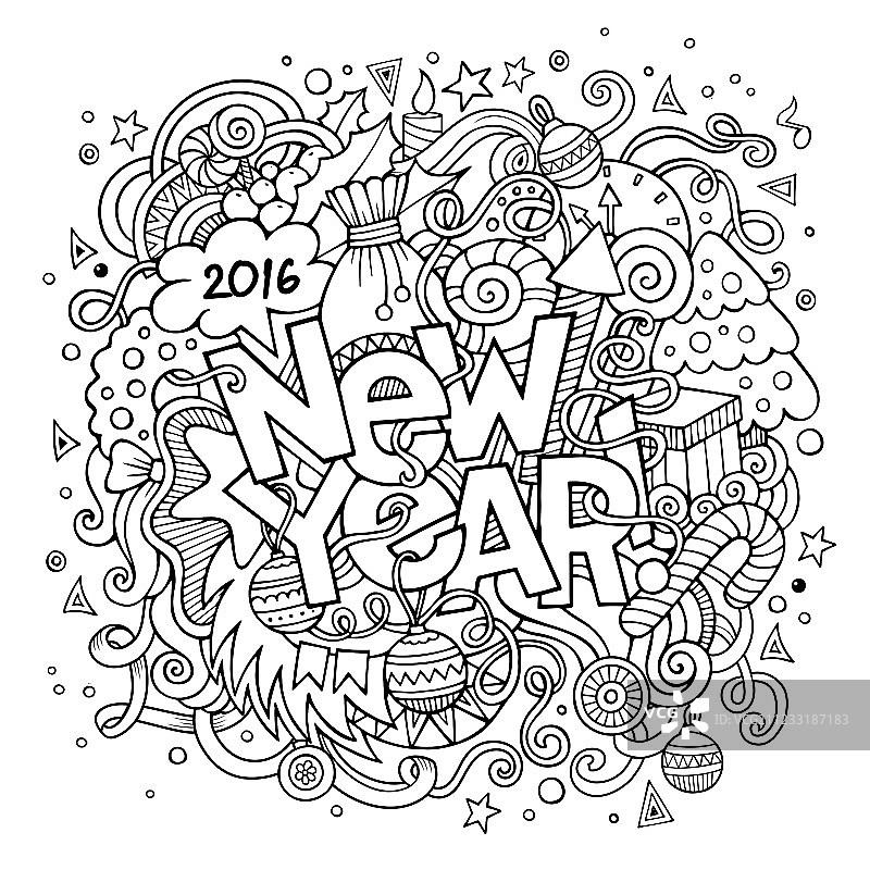 新年手绘文字和涂鸦元素图片素材