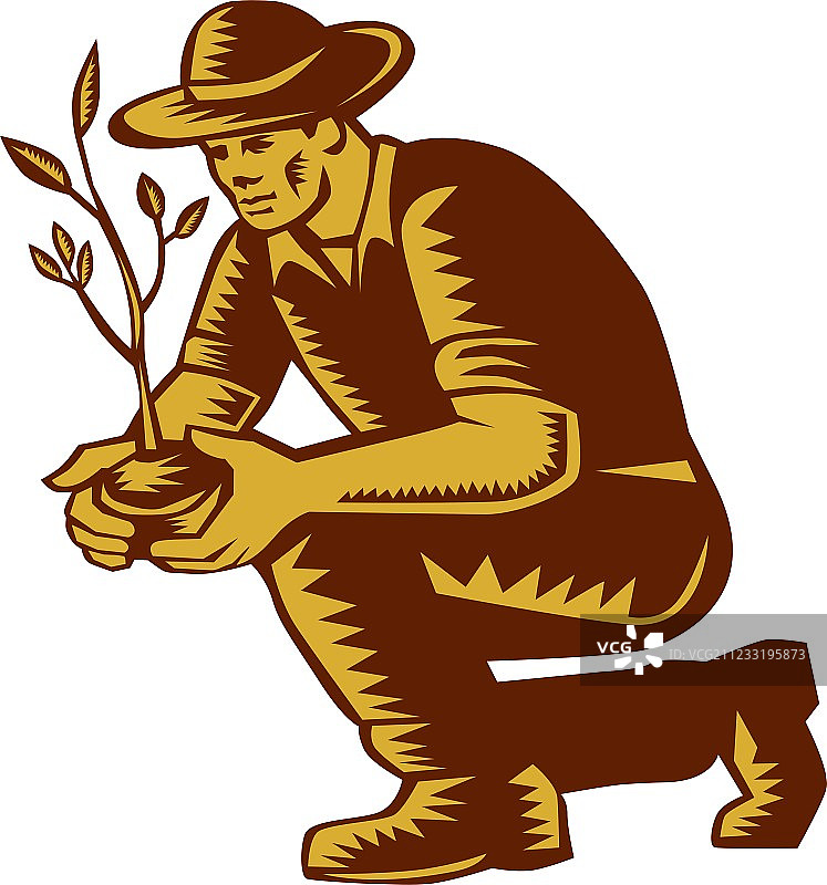 有机农场农民种植树木版画图片素材