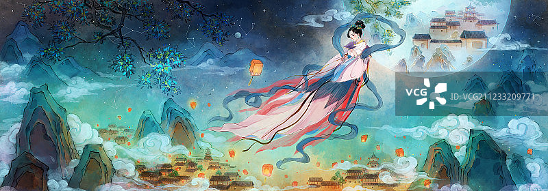 中秋节水墨插画图片素材