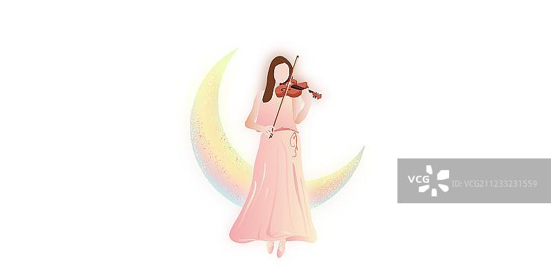 站在月亮前拉小提琴的长裙美丽少女图片素材