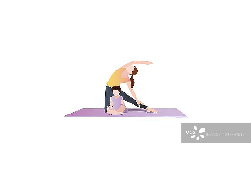 美丽年轻妈妈带着小女孩一起练瑜珈锻炼身体图片素材