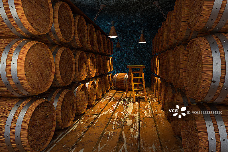 老式地下酒窖场景，复古木制风格，三维渲染图片素材