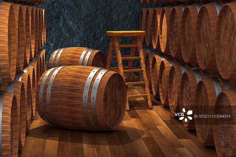 老式地下酒窖场景，复古木制风格，三维渲染图片素材