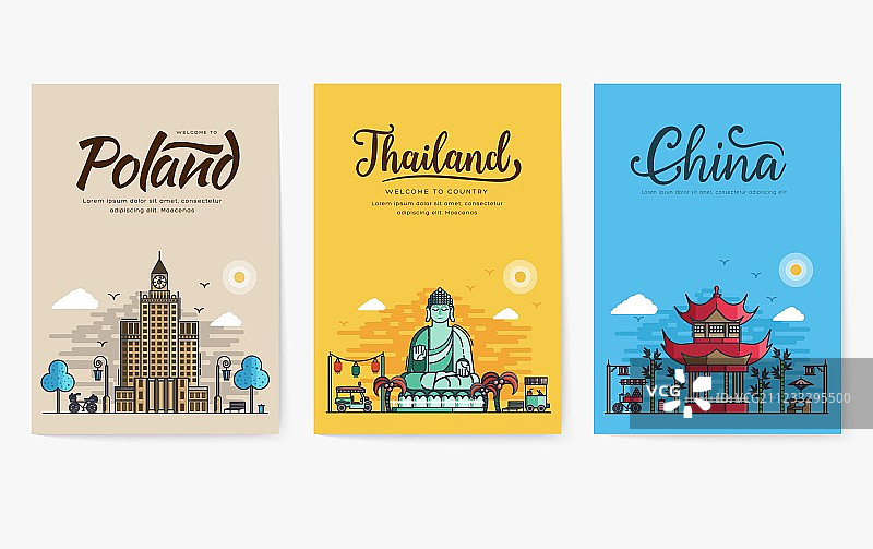 不同旅行目的地的城市轮廓合集。地标横幅细线，适用于传单、杂志、海报、书籍封面、横幅。世界建筑扁平插图现代页面布局图片素材