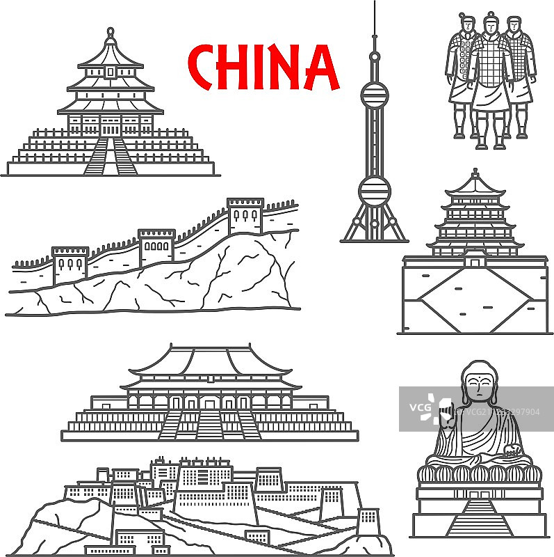 中国旅游景点图标细线风格图片素材