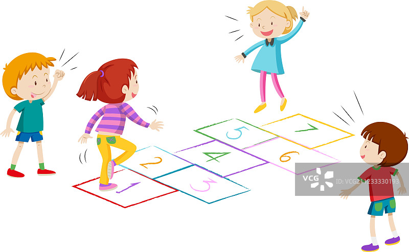 玩跳房子的男孩和女孩图片素材
