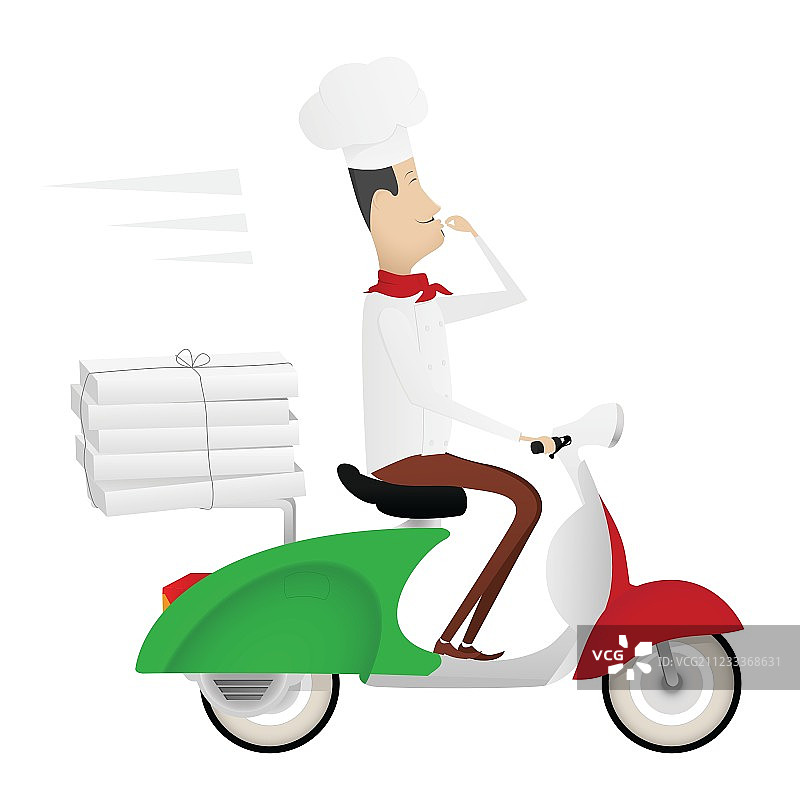 有趣的厨师骑着轻便摩托车送披萨图片素材