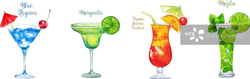 白色背景上的水彩鸡尾酒套装图片素材