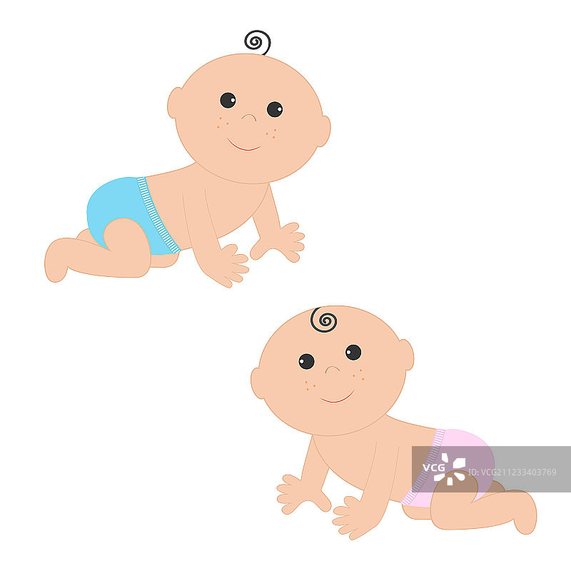 在粉蓝色中爬行的可爱男婴和女婴图片素材