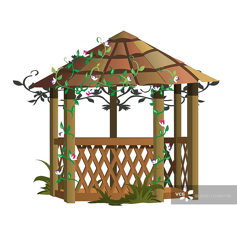 鲜花点缀的舒适木制凉亭图片素材