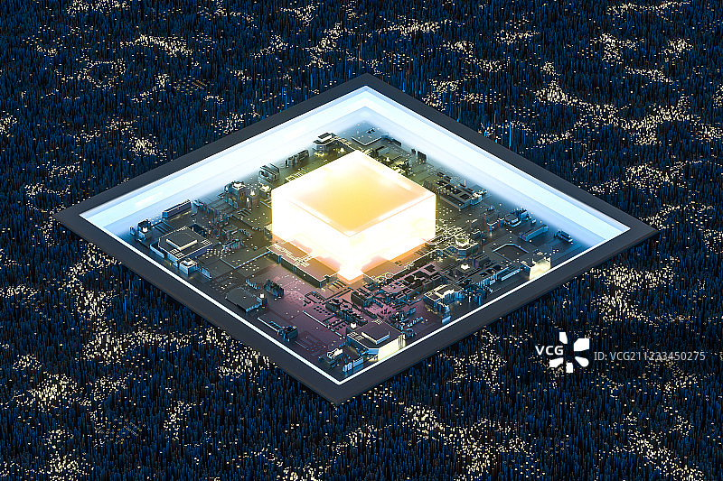 金色发光电路与中央的方块，三维渲染图片素材