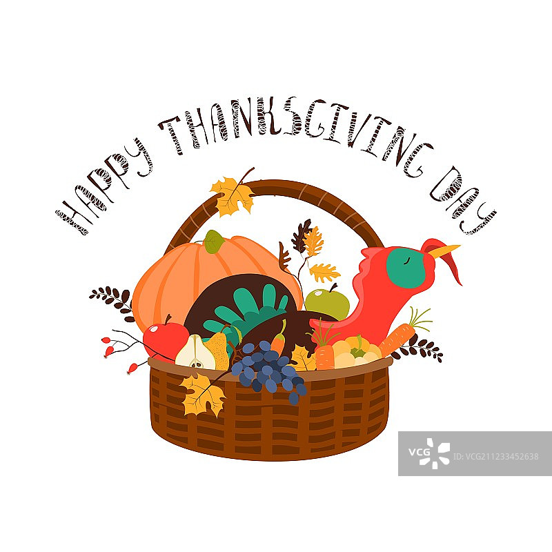 装有火鸡和蔬菜的木篮图片素材