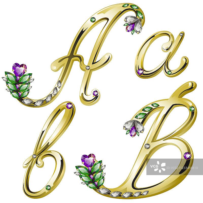 镶嵌钻石和宝石的金色字母A和B图片素材