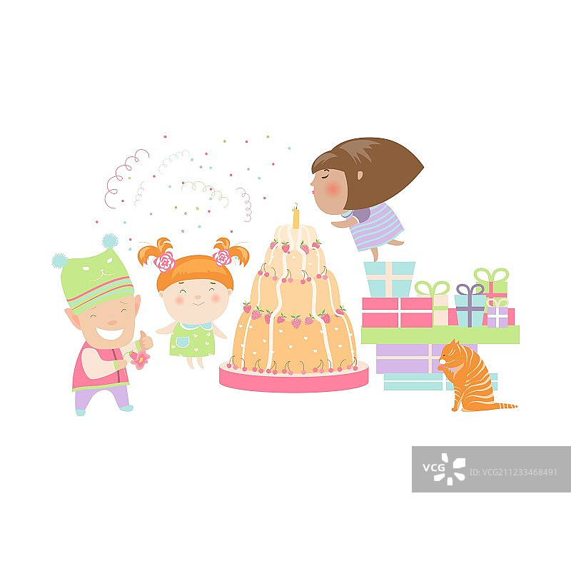孩子们用礼物和蛋糕庆祝生日图片素材