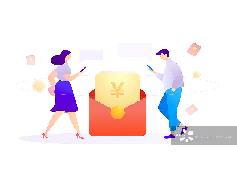 理财理财增值男女抢红包优惠券矢量扁平人物插画 [转换].ai图片素材