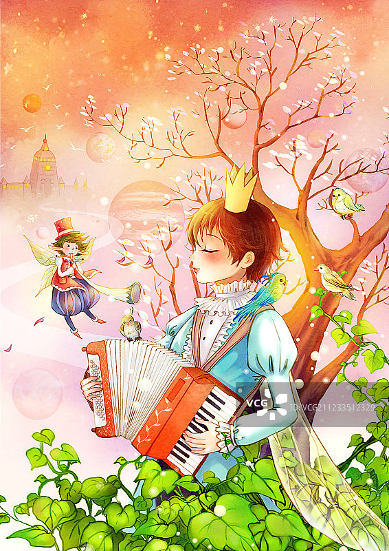 在树上对精灵拉风琴的小王子图片素材